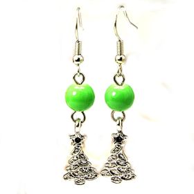 Christmas Tree Earrings With Lime Green Glass Bead