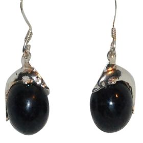 Sterling Silver Dolphin on Black Ball Dangle Earring
