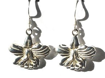 Sterling Silver Inverted Iris Blossom and Leaves Dangle Earrings