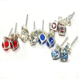 Sterling Silver 60 Pairs Cube Colorful CZ Stud Earrings on Display