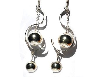 Sterling Silver Double Ball within S curve Dangle Earrings