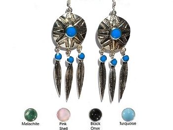 Sterling Silver Native Sun Sheild w Feathers & Stones Dangle Earrings