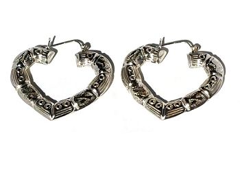 Sterling Silver Heart Shrimp Hoop Pin Catch Earrings with etchings