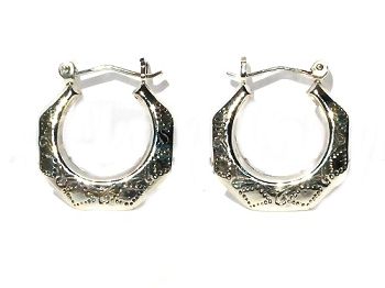 Sterling Silver Safety Pin Catch Octagon Hoops Engraved Earrings