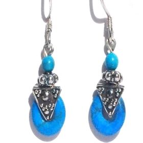 Sterling Silver Bali Hand-made Turquoise Donut Dangle Earrings