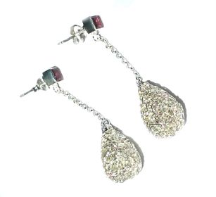 Sterling Silver Dangle Earrings with Amethyst and Intricate Wire Wide Teardrop Pendant