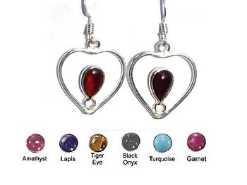 Sterling Silver Hand-Made Genuine Stone Heart Earrings