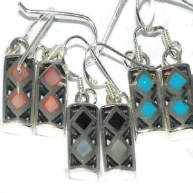 Sterling Silver Genuine Shell Inlay Lozenge Box Dangles Earrings