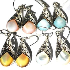 Sterling Silver Genuine Shell Inlay Filigree Teardrop Earrings