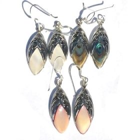 Sterling Silver Genuine Shell Inlay Filigree Ellipse Earrings