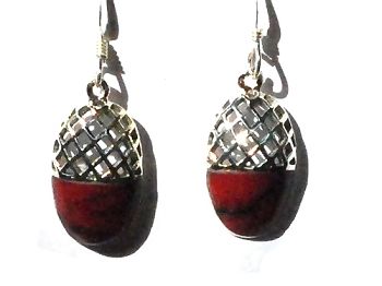 Sterling Silver Genuine Shell / Stone Inlay Filigree Acorn Earrings