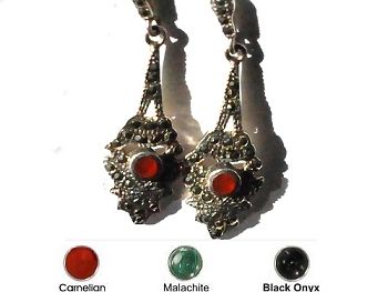 Sterling Silver Marcasite and Genuine Stone Teardrop Earrings