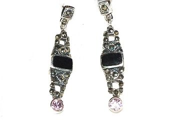 Sterling Silver Black Onyx and  Cubic Zirconia Dangle Earrings