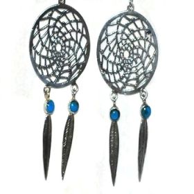 Sterling Silver Dreamcatcher Earrings w/ Feathers Simulated Stones