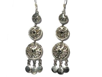Sterling Silver Inlaid Onyx Mutli Ethnic Dangle Earrings