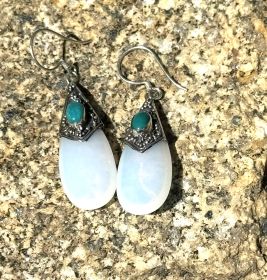 Sterling Silver Simulated MoonStone and TurquoiseTearDrop Earrings