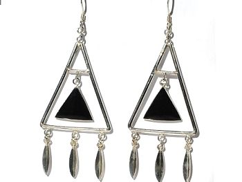 Sterling Silver Black Onyx Inlaid Suspened Triangle Earrings