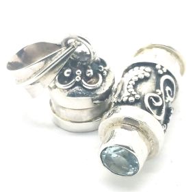 Sterling Silver Cylinder Prayer Box With Star and Moon and Blue Topaz Pendant