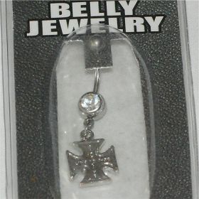 Maltese Cross Belly Jewelry with Clear Crystal 316L 14g