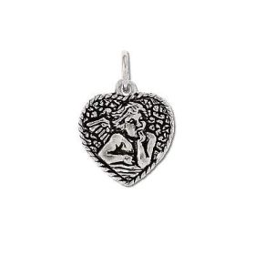 Sterling Silver 925 Thoughtful Angel on Heart Charm Pendant