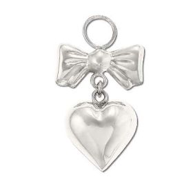 Sterling Silver 925 Puff Heart with Ribbon Charm Pendant