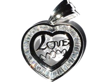 Sterling Silver Large Cubic Zirconia CZ Love Mom Heart Pendant