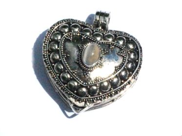 Sterling Silver Bali Heart Prayer Box Pendant with Simulated  Moonstone