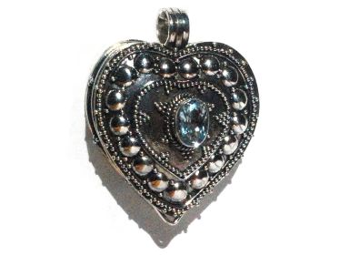 Sterling Silver Bali Heart Prayer Box Pendant with Blue Topaz