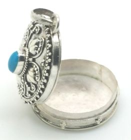 Sterling Silver Bali Oval Leaf Turquoise Prayer Box Pendant