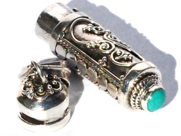 Sterling Silver Handmade Bali Cylinder Prayer Box with Genuine Stone