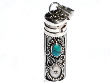 Sterling Silver Cylinder Prayer Box Pendant with Treated Turquoise