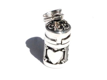 Sterling Silver Cylinder Prayer Box Pendant with Hearts and Circles