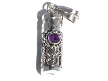 Sterling Silver Cylinder Prayer Box Pendant with Amethyst