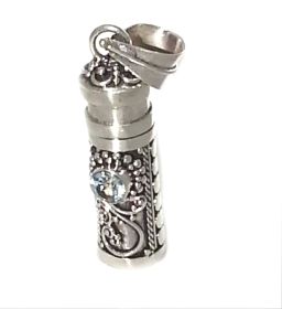 Sterling Silver Cylinder Prayer Box Pendant with Blue Topaz