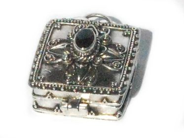 Sterling Silver Balinese Square Prayer Box Pendant with Black Onyx
