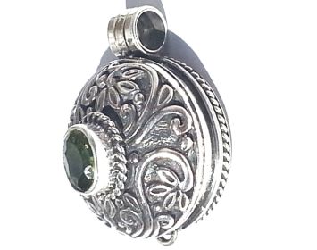 925 Sterling Silver Balinese Round Prayer Box Pendant with CZ Peridot