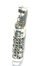 Sterling Silver Balinese design Cylinder Prayer Box with Garnet