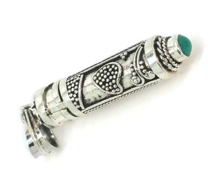 Sterling Silver heart Design Cylinder Prayer Box Pendant with Turquoise