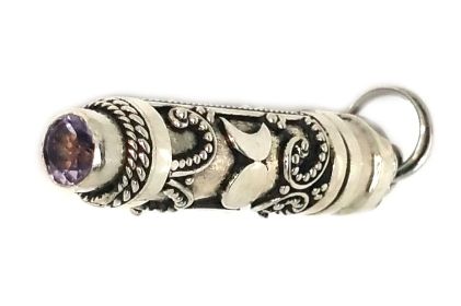Sterling Silver Cylinder Prayer Box With Amethyst with Balinese Design and Crescent Moons
