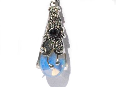 Sterling Silver Wand Simulated Moonstone Black Onyx Pendant