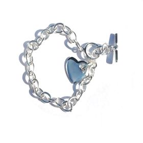 Sterling Silver Italian 8.5 Inch 7mm Wide link Bracelet w heart tag