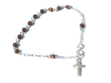 Sterling Silver Bracelet Rosary with Crucifix and Tiger Eyes Beads