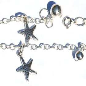 Sterling Silver 10 inch Star Fish and Bell Ankle Bracelet