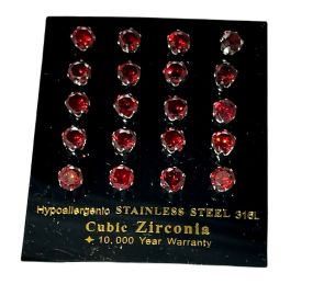 10 Pairs of Stainless Steel 6 mm Red Garnet CZ Cubic Zirconia Stud Earrings