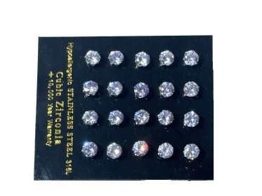10 Pairs of Stainless Steel 6 mm Light Blue Tint CZ Cubic Zirconia Stud Earring