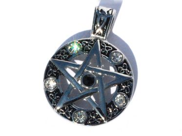 Stainless Steel  Pentagram on Circle with Faceted Glass Pendant