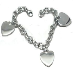 Stainless Steel 8 inch  Chain Bracelet w/ 3 engravable heart charms