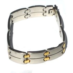 Stainless Steel 8 1/2 inch Link  Bracelet with gold accents.