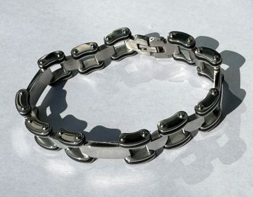 Men's Stainless Steel Motorcycle Bike Link Bracelet with black rubber accents