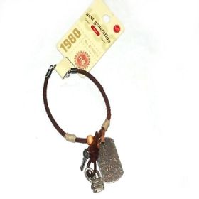 Leather Bracelet with Dogtag lock and key and hemp spacers.